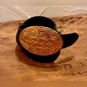 St John’s Vintage Black Belt with Gold Ornate Buckle EUC